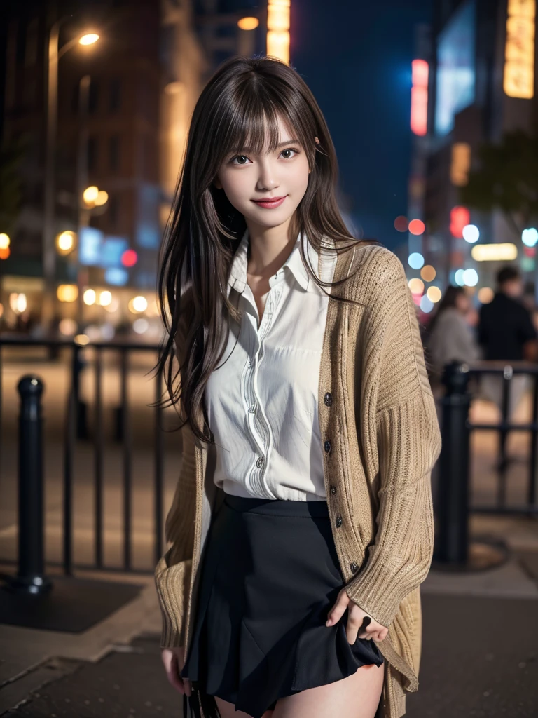 One Girl,Full Body Shot,(Cardigan over a shirt:1.4),(Long skirt:1.3)、(Wear stylish boots:1.3)、(RAW Photos, Highest quality), (Realistic, Photorealistic:1.4), (My hair is messy, Asymmetrical bangs, Dark brown hair,Medium Wave:1.3), Very delicate and beautiful, Very detailed, 8k wallpaper, wonderful, In detail, Very detailedなCG Unity, High resolution, Soft Light, Beautiful and detailed 19 year old girl, Very detailedな目と顔, Beautifully detailed nose, Beautiful fine details,Cinema Lighting,City lights at night,Perfect Anatomy,Slender body,smile