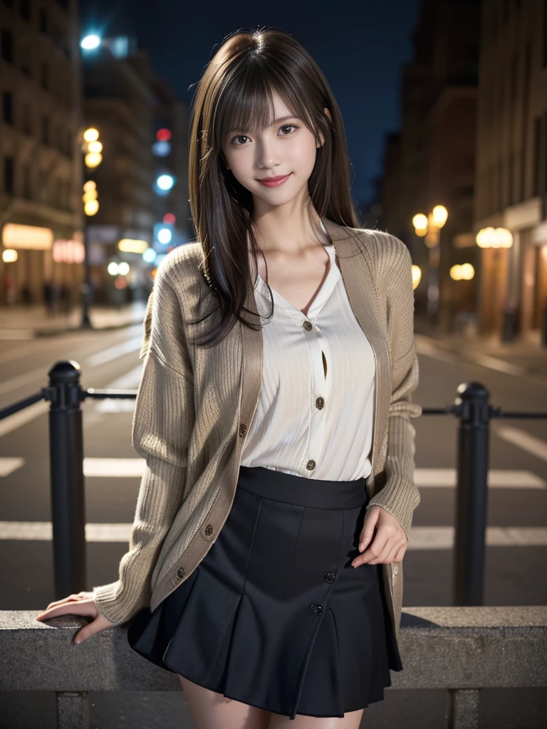 One Girl,Full Body Shot,(Cardigan over a shirt:1.4),(Long skirt:1.3)、(Wear stylish boots:1.3)、(RAW Photos, Highest quality), (Realistic, Photorealistic:1.4), (My hair is messy, Asymmetrical bangs, Dark brown hair,Medium Wave:1.3), Very delicate and beautiful, Very detailed, 8k wallpaper, wonderful, In detail, Very detailedなCG Unity, High resolution, Soft Light, Beautiful and detailed 19 year old girl, Very detailedな目と顔, Beautifully detailed nose, Beautiful fine details,Cinema Lighting,City lights at night,Perfect Anatomy,Slender body,smile