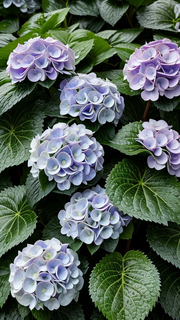 Hydrangeas wet with rain