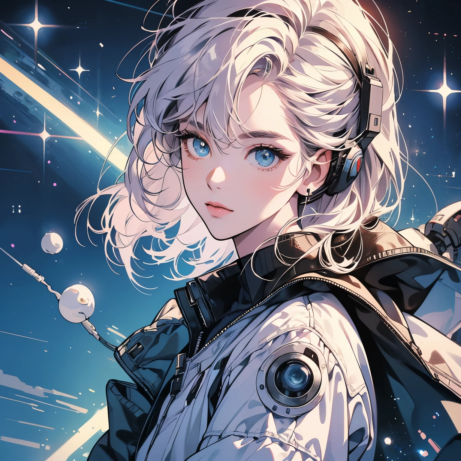 One beautiful woman, inside a spaceship, perfect machine, spacesuit, looking at camera, perfect face, zero gravity, outer space, lots of wires, switchboard, perfect and detailed machine, robot, detailed hair, (((Various angles))), cockpit, upper body shot, sparkling eyes, most beautiful woman alive, head shot , Super detailed background, top quality, Unique and beautiful eyes, Various unique hairstyles, Ghost in the Shell, Long shot, Panorama, (((Various eye color))), Various hair color, sparkling eyes,Outer space in the background, Unique and perfect face, earphone