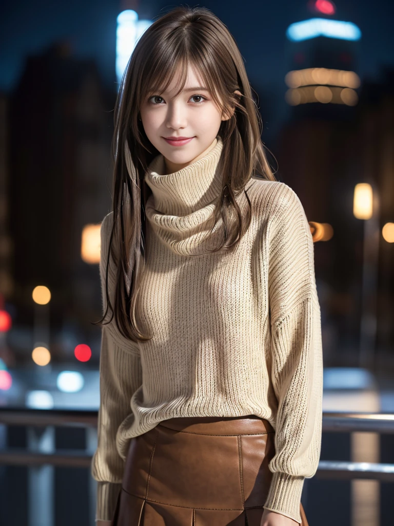 One Girl,(Turtleneck sweater:1.4),(skirt:1.3)、(Wear stylish boots:1.3)(RAW Photos, Highest quality), (Realistic, Photorealistic:1.4),  (My hair is messy, Asymmetrical bangs, Light brown hair,Short Hair 1.3),No contradiction、 Very delicate and beautiful, Very detailed, 8k wallpaper, wonderful, In detail, Very detailedなCG Unity, High resolution, Soft Light, Beautiful and detailed 19 year old girl, Very detailedな目と顔, Beautifully detailed nose, Beautiful fine details,Cinema Lighting,City lights at night,Perfect Anatomy,Slender body,smile 