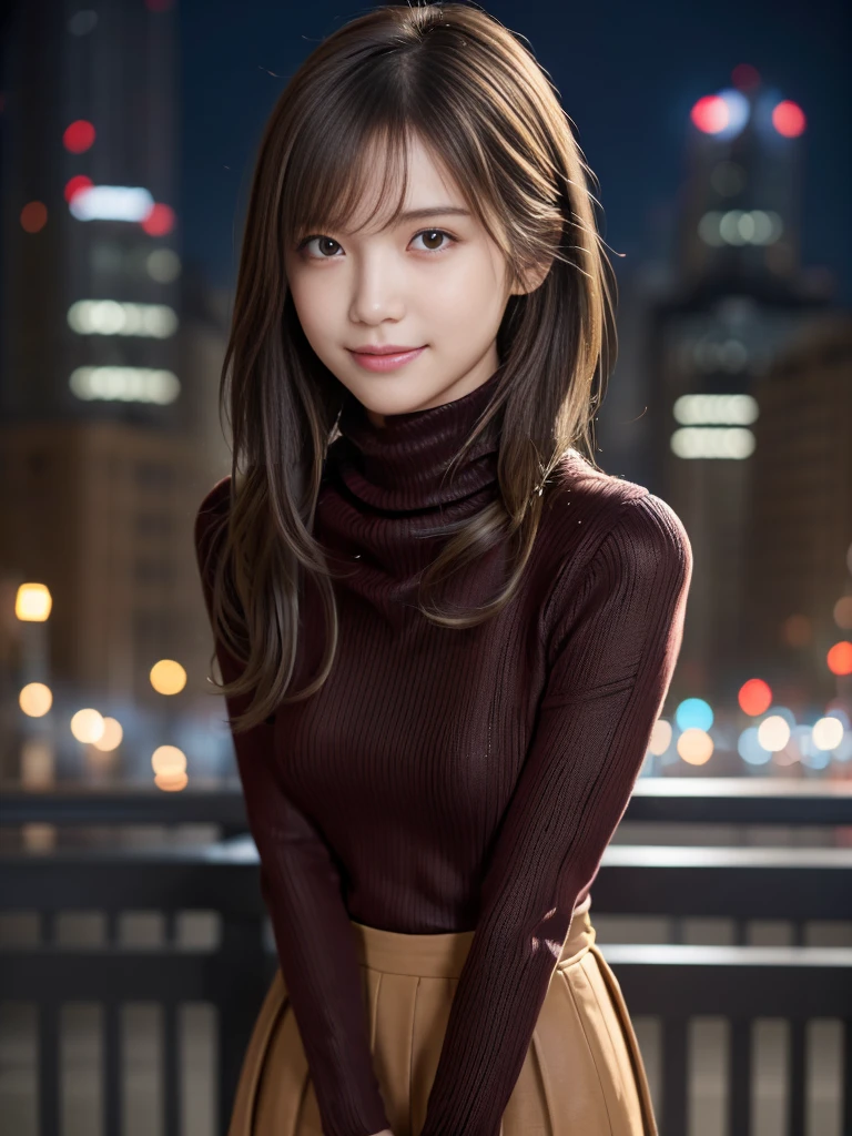 One Girl,(Turtleneck sweater:1.4),(skirt:1.3)、(Wear stylish boots:1.3)(RAW Photos, Highest quality), (Realistic, Photorealistic:1.4),  (My hair is messy, Asymmetrical bangs, Light brown hair,Short Hair 1.3),No contradiction、 Very delicate and beautiful, Very detailed, 8k wallpaper, wonderful, In detail, Very detailedなCG Unity, High resolution, Soft Light, Beautiful and detailed 19 year old girl, Very detailedな目と顔, Beautifully detailed nose, Beautiful fine details,Cinema Lighting,City lights at night,Perfect Anatomy,Slender body,smile 