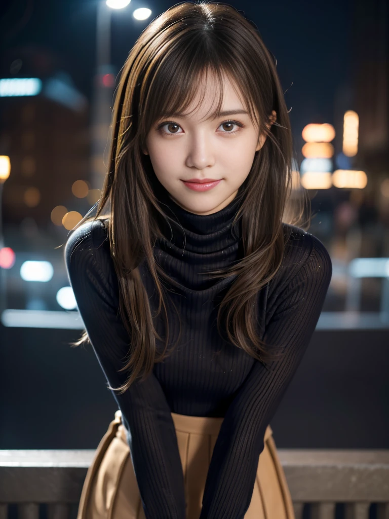 One Girl,(Turtleneck sweater:1.4),(skirt:1.3)、(Wear stylish boots:1.3)(RAW Photos, Highest quality), (Realistic, Photorealistic:1.4),  (My hair is messy, Asymmetrical bangs, Light brown hair,Short Hair 1.3),No contradiction、 Very delicate and beautiful, Very detailed, 8k wallpaper, wonderful, In detail, Very detailedなCG Unity, High resolution, Soft Light, Beautiful and detailed 19 year old girl, Very detailedな目と顔, Beautifully detailed nose, Beautiful fine details,Cinema Lighting,City lights at night,Perfect Anatomy,Slender body,smile 