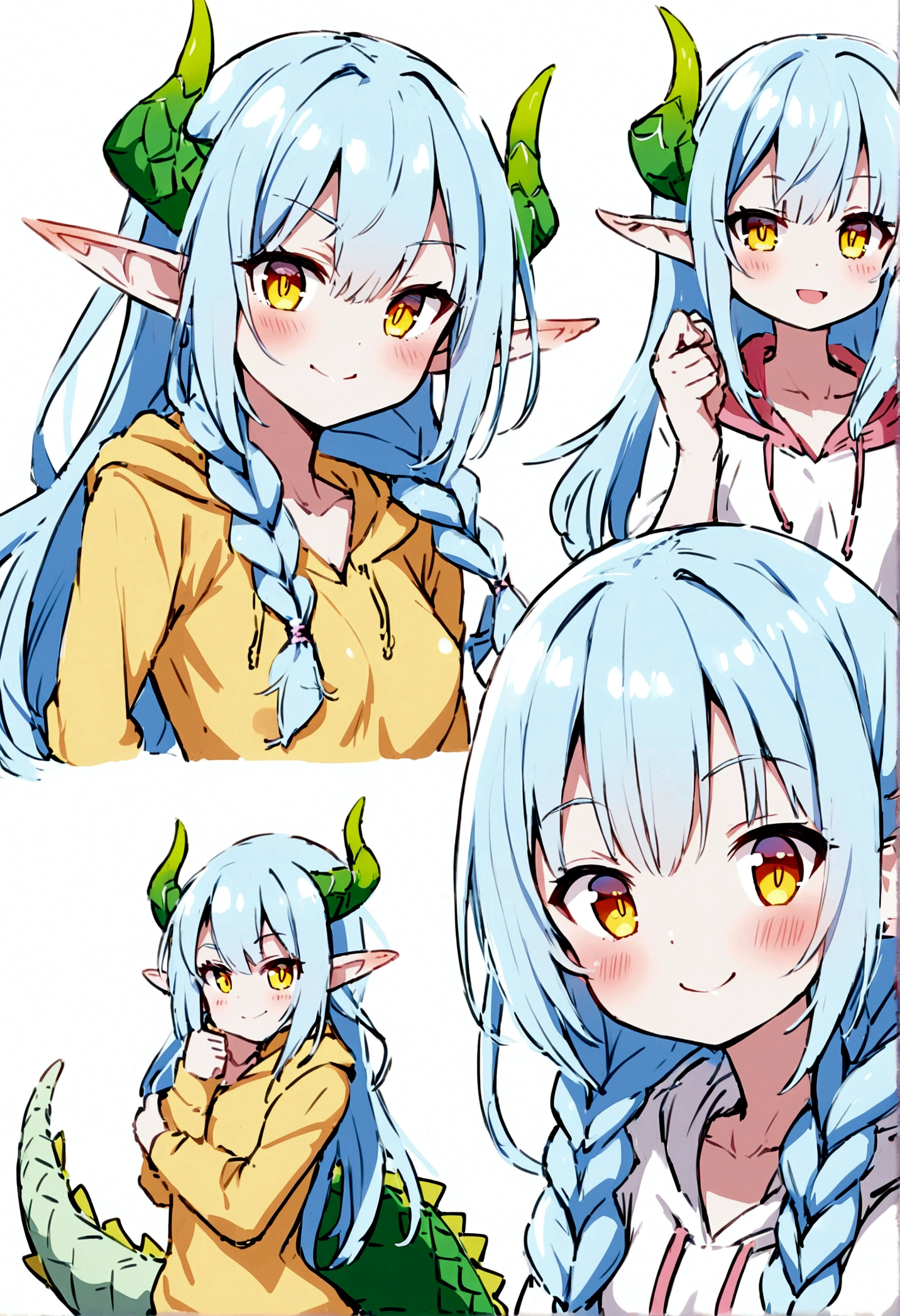 cute young girl, light blue hair, long hair, small braids hair, yellow eyes, dragon horn, dragon tail, elf ear, muscular body, small breast, sexy body, hoodie, play a game pose, blushing, smile