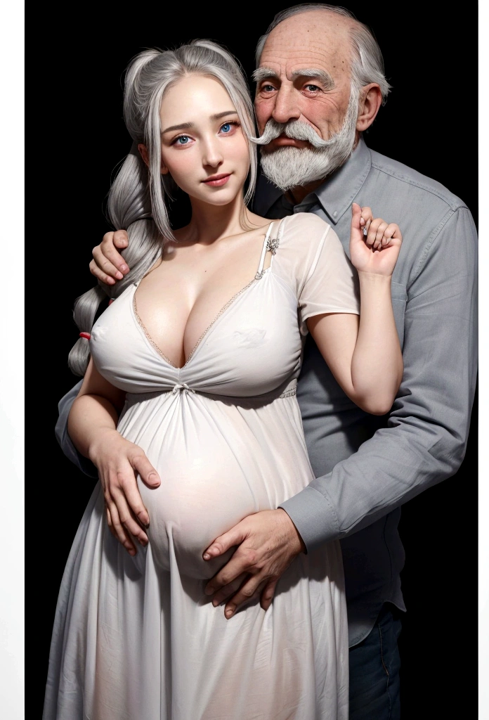 Skin-tight black top:1.2、look at the audience、cinematic lighting、perfection、Soft light、high-resolution skins:1.2、Realistic skin texture、 、very young and small face、no makeup、Beautiful detailed blue eyes、full nude、gray background、(highest quality: 1.5)、(16k wallpaper: 1.2), (Photorealistic: 1.2), (Highly detailed : 1.2), (old man of 80 years old, he is very old and ugly, little hair, gray hair, very wrinkled, with big mustaches and beard, the old man is 30 cm taller than her), (she is a and beautiful who only reaches the height of the old man's shoulders., (The oldest hugs her from behind, and talks to her ear), (Old man touching his lover, touching his genitals with his fingers), She touches the old man, She has the old man's crotch behind her body, She moves her ass, lifting her short and perfect nightgown, photograph, Masterpiece, very high quality, dark gray background, (She has blonde. hair, wears 2 short pigtails), ((enormous big breasts: 1.3)),((The young woman is wearing a transparent very short nightgown completely unbuttoned, revealing her large breasts and her belly :1.3),( She has no other clothing under the transparent nightgown ,revealing the nipples and other intimate details of details of the young woman, (She has a slim and youthful body,).(She is 8 months pregnant with a very huge belly, she is expecting triplets) The old man is hugging the young woman from behind and hugs her, he has a big smile on his face, the couple is happy, they both look at each other knowingly, she is much shorter. than him (the young woman is about 30 cm shorter than him, ). They have a big happy smile, (Ultra high definition, retina, Masterpiece, precise, anatomically correct, textured skin, super detail, High details, high quality, better quality, high resolution, 1080P, high definition, 4k, 8k, 16k) , (Beautiful detailed eyes, beautiful detailed lips, extremely detailed eyes and face), studio lighting, physically based rendering, vivid colors, 