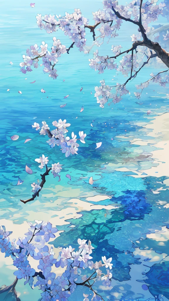 (best quality,4k,8K,high resolution,masterpiece:1.2), Extremely detailed, (Reality:1.37), (CG:1.1) (best quality) Nature, blue sea with delicately colored tree leaves and flower petals falling in the air, Ray Tracing, Extremely detailed, (Best shadow) and (illustration).
