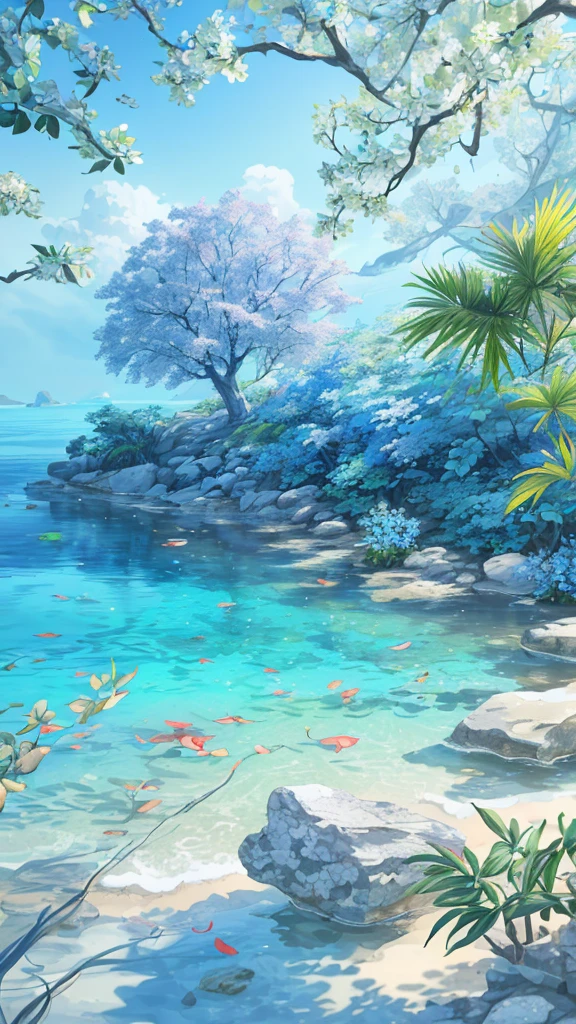 (best quality,4k,8K,high resolution,masterpiece:1.2), Extremely detailed, (Reality:1.37), (CG:1.1) (best quality) Nature, blue sea with delicately colored tree leaves and flower petals falling in the air, Ray Tracing, Extremely detailed, (Best shadow) and (illustration).