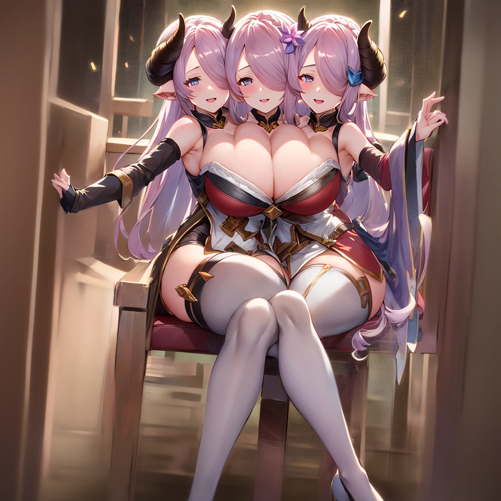 [[[[[[[[kacyu, as109]]]]]]]], (masterpiece, best quality),(masterpiece, best quality), best resolution,  (3heads:1.5),(solo), 1girl, (narmaya \(granblue fantasy\)), draph, demon horns, hair over one eye, purple eyes, determined expression, looking at viewer, pov, Standard, ver1costume, high quality, masterpiece, 8k, 4k, autumn forest background, beautiful background, masterpiece, illustration, official artwork, absurdres, full body, sitting down, (legs crossed:1.1), throne, dynamic angle, :D, (wide hips:1.3), (thick thighs:1.3), smile, looking at viewer((three heads, 3head):1.5)，masterpiece, illustration, beautiful, 4k, 8k,