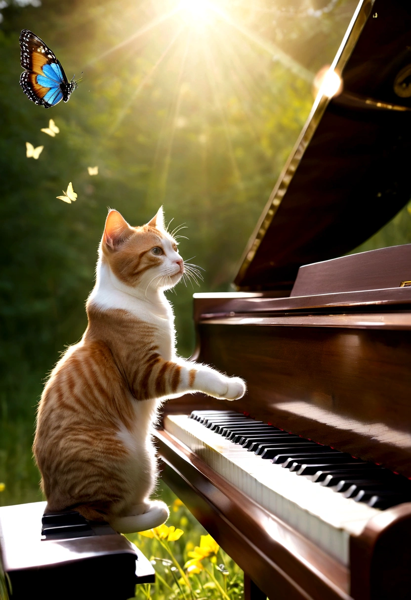 two cats playing the piano in a meadow., A gentle breeze is blowing. It changes ever so slightly. Butterflies are dancing.