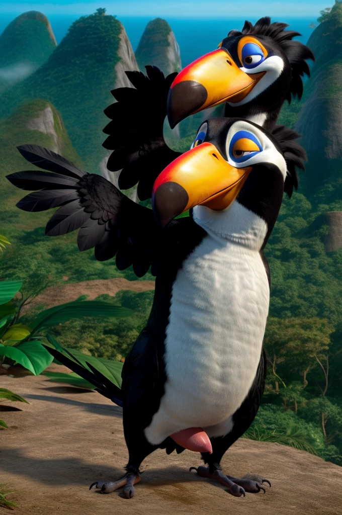 ((NSFW, sexual)), rio movie, jungle landscape, Rafael a male toucan, Black and white feathers, avian, ((anthro)), human body, furry, feathered arms, chubby body, ((exposing big tapering penis,)), standing, brown eyes, bedroom eyes, seductive, smiling, realistic, digitigrade legs, detailed eyes