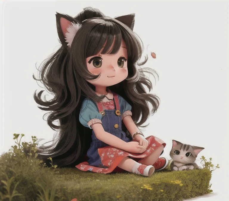 cartoon long-haired girl sitting on the ground，There is a cat next to it, Cute digital painting, Cute digital art, Lovely and detailed digital art, cute cartoon, Cute illustrations, Lovely art style, Lovely detailed artwork, cute cartoon character, Realistic cute girl drawing, her hair is messy, Beautiful style