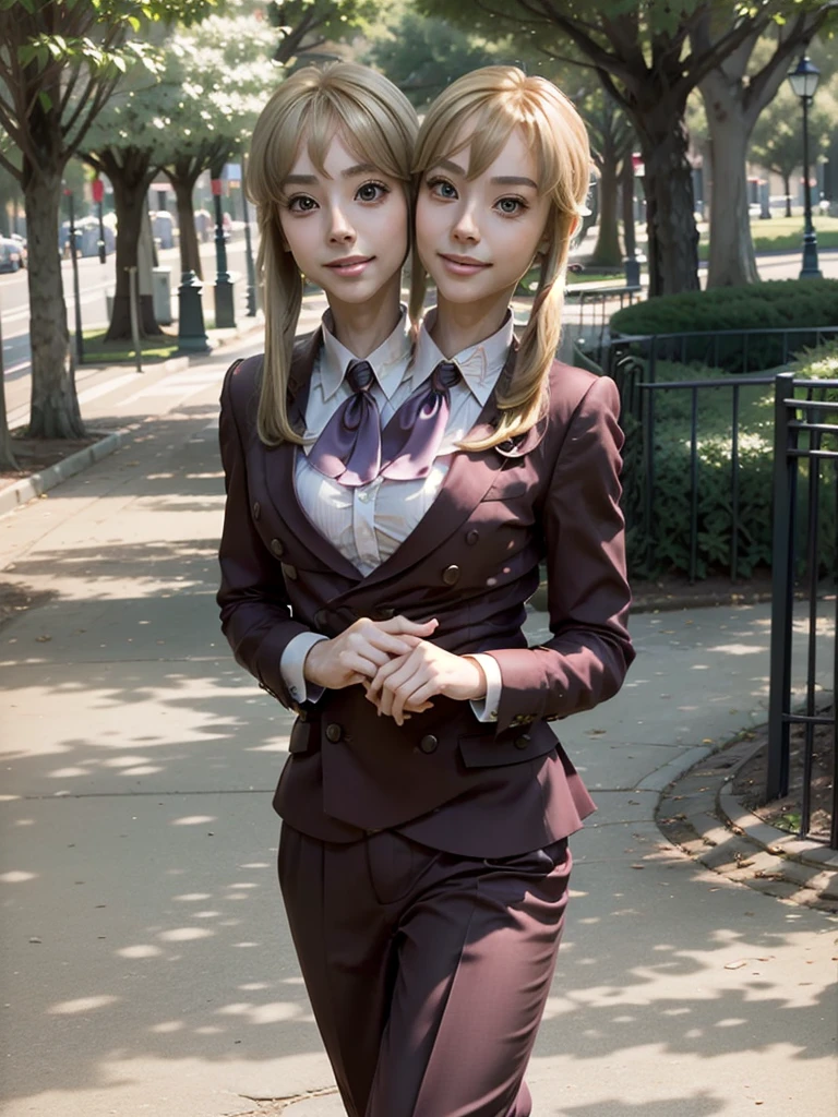 (2heads:1.6), (masterpiece, best quality:1.2), cowboy shot, solo, male focus, 1boy, (ushiromiya lion:1.1), androgynous, smile, closed mouth, looking at viewer, arms at side, ponytail, formal, suit, ascot, light blonde hair, walking through park