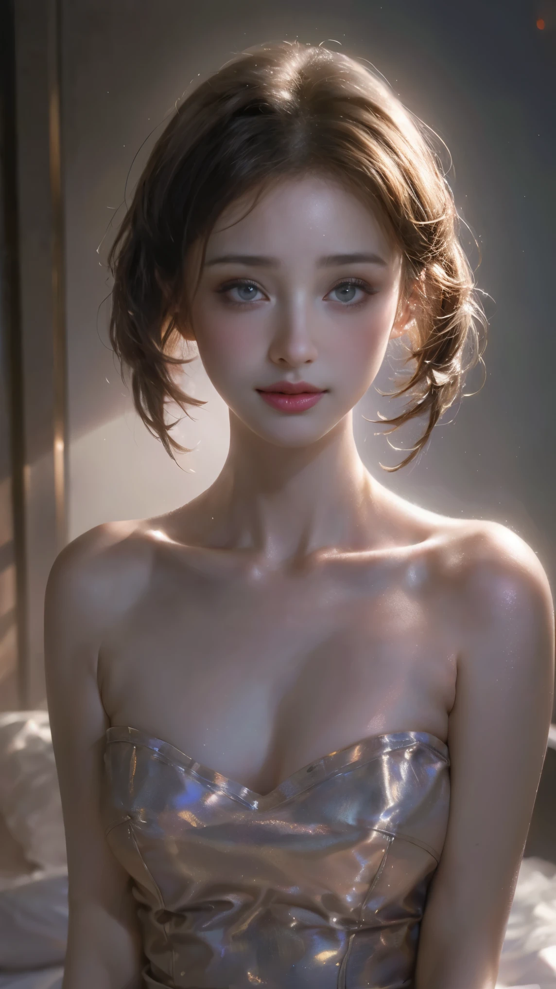 big breast, (night:1.8), masterpiece, best quality, beautiful detailed eyes, cinematic lighting, women, blue eyes, starry red sky, long bangs, short hair , looking at viewer , off shoulder, Exposed cleavage, perfect glossy shiny skins, wet , nsfw, dramatic shadows, ray tracing,