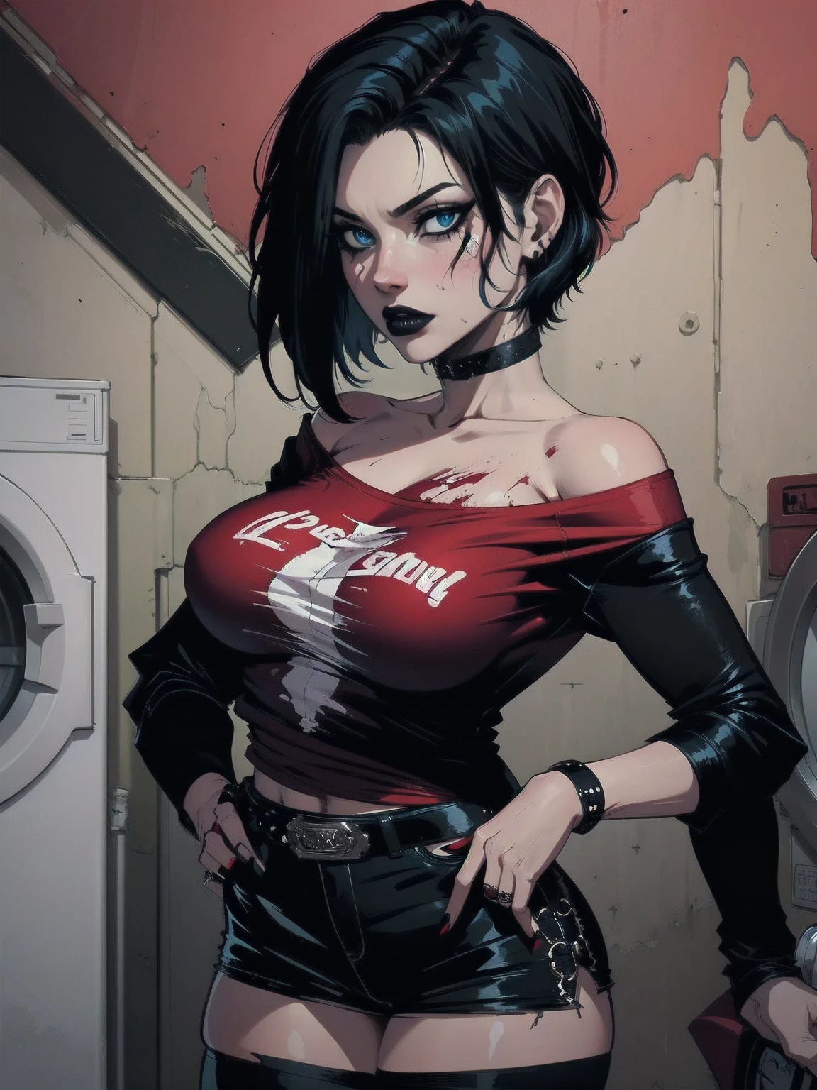 a woman with short black hair, hair on shoulders, wearing a red tshirt, black pant, black jacket, blue eyes, zombie art, gothic art, cute aesthetic with vibe, toon aesthetic, wearing red costume, wearing gothic accessories, look like Cassie Hack, upper body, laundry background