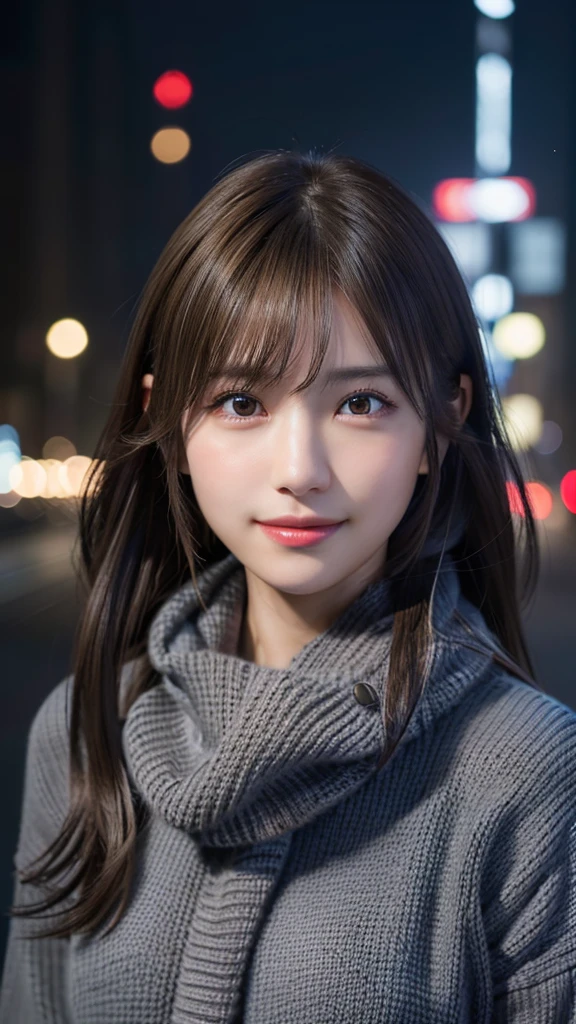1 Japanese girl,Random facial expressions、(Dark Gray Sweater:1.4),(He has a big scarf around his neck:1.2), (RAW Photos, Highest quality), (Realistic, Photorealistic:1.4), Tabletop, Very delicate and beautiful, Very detailed, 8k wallpaper, wonderful, In detail, Very detailedなCG Unity, High resolution, Soft Light, Beautiful and detailed 19 year old girl, Very detailedな目と顔, Beautifully detailed nose, Beautiful fine details,Cinema Lighting,City lights at night,Perfect Anatomy,Slender body,smile (My hair is messy, Asymmetrical bangs, Light brown hair,)