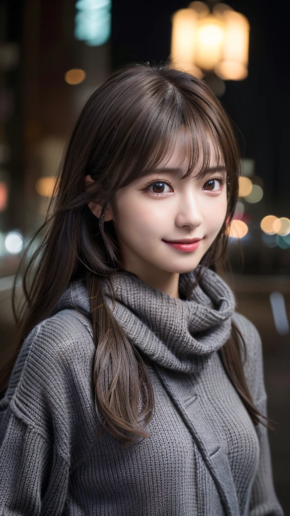 1 Japanese girl,Random facial expressions、(Dark Gray Sweater:1.4),(He has a big scarf around his neck:1.2), (RAW Photos, Highest quality), (Realistic, Photorealistic:1.4), Tabletop, Very delicate and beautiful, Very detailed, 8k wallpaper, wonderful, In detail, Very detailedなCG Unity, High resolution, Soft Light, Beautiful and detailed 19 year old girl, Very detailedな目と顔, Beautifully detailed nose, Beautiful fine details,Cinema Lighting,City lights at night,Perfect Anatomy,Slender body,smile (My hair is messy, Asymmetrical bangs, Light brown hair,)