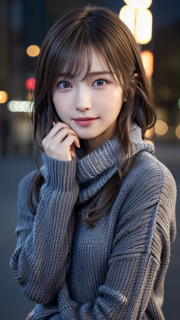 1 Japanese girl,Random facial expressions、(Dark Gray Sweater:1.4),(He has a big scarf around his neck:1.2), (RAW Photos, Highest quality), (Realistic, Photorealistic:1.4), Tabletop, Very delicate and beautiful, Very detailed, 8k wallpaper, wonderful, In detail, Very detailedなCG Unity, High resolution, Soft Light, Beautiful and detailed 19 year old girl, Very detailedな目と顔, Beautifully detailed nose, Beautiful fine details,Cinema Lighting,City lights at night,Perfect Anatomy,Slender body,smile (My hair is messy, Asymmetrical bangs, Light brown hair,)