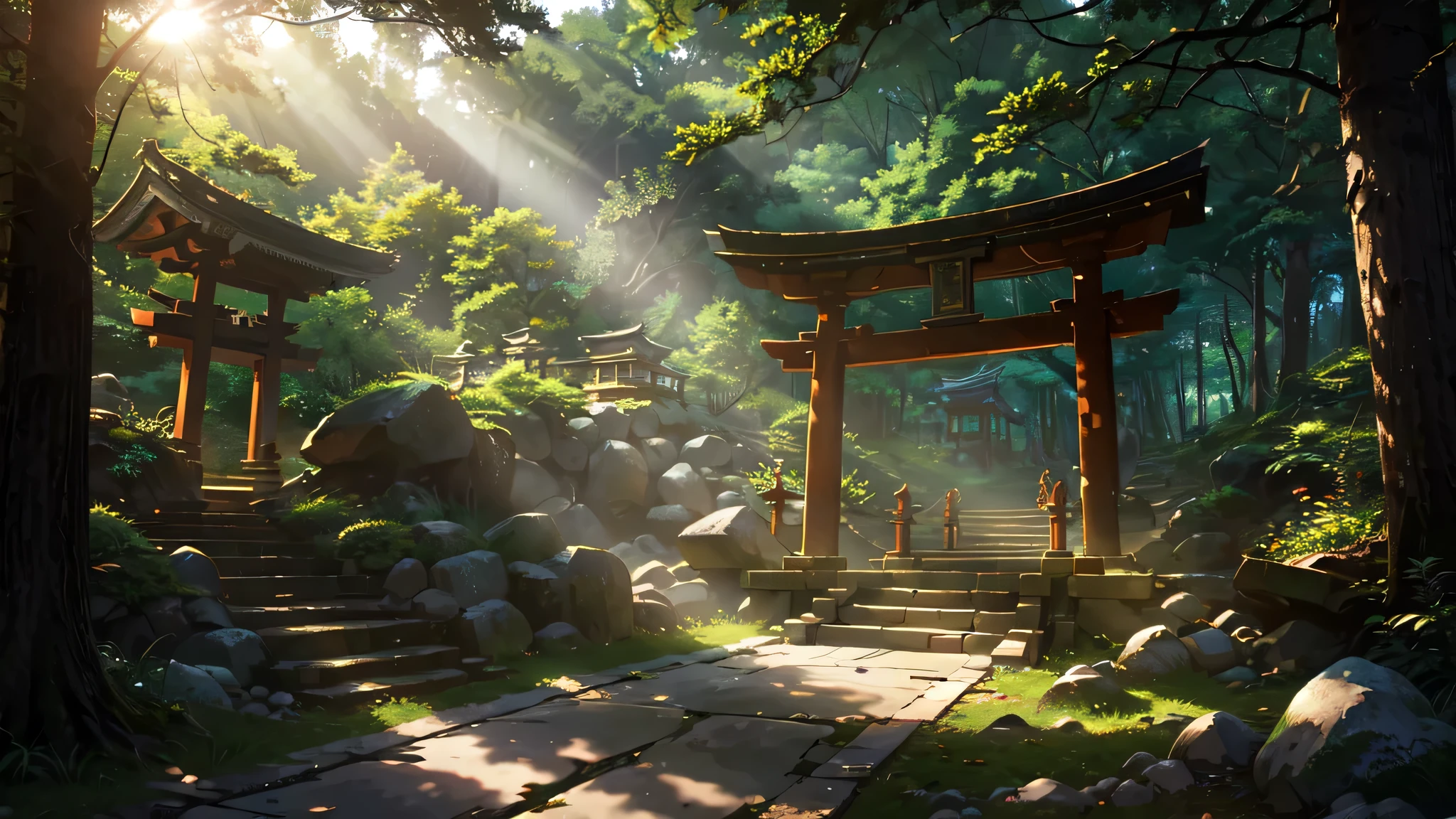 Old torii gate in the forest, Old stone staircase, wood々Sunlight shining through, nostalgic