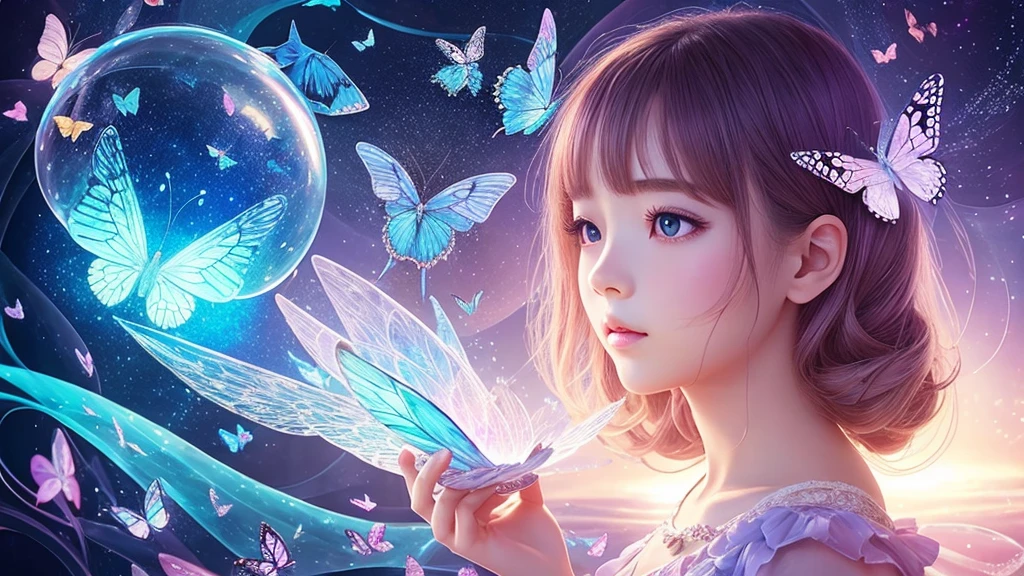 Surrealism、beautiful girl、butterfly、crystallization、Abstract art、empty、bubble、hologram、Minimum、Vintage、Soft lighting、Precision Dreams、Fantasy World