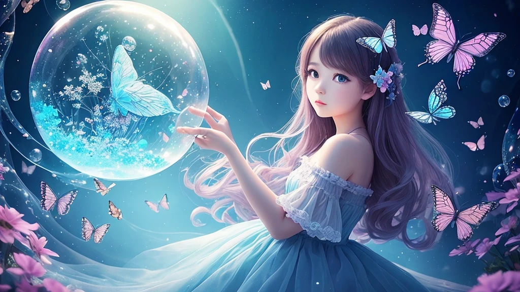 Surrealism、beautiful girl、butterfly、crystallization、Abstract art、empty、bubble、hologram、Minimum、Vintage、Soft lighting、Precision Dreams、Fantasy World