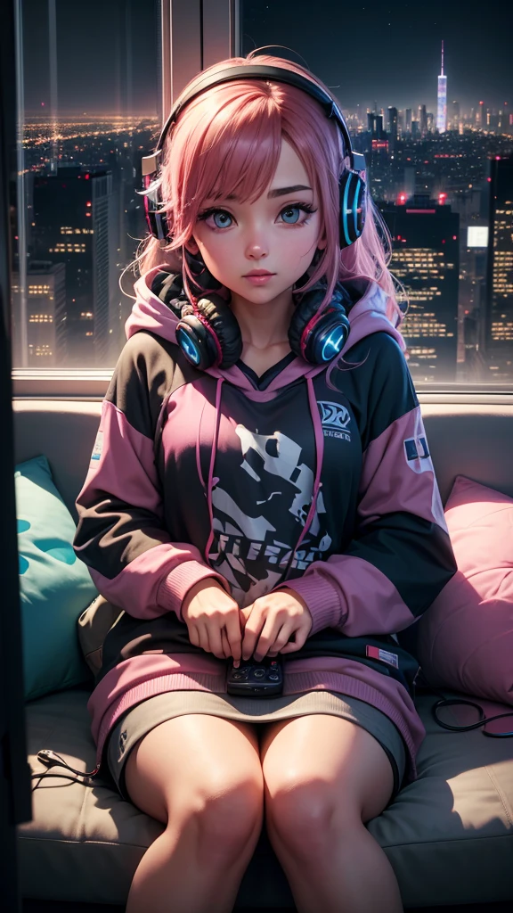 A gamer girl relaxing on the couch with a portable gaming device in her hands and headphones on, in your living room with a city skyline outside the window at night. Tenha cartazes de jogos na parede.