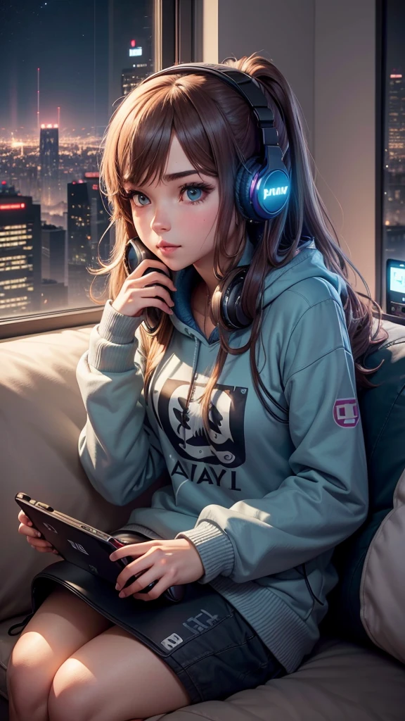 A gamer girl relaxing on the couch with a portable gaming device in her hands and headphones on, in your living room with a city skyline outside the window at night. Tenha cartazes de jogos na parede.