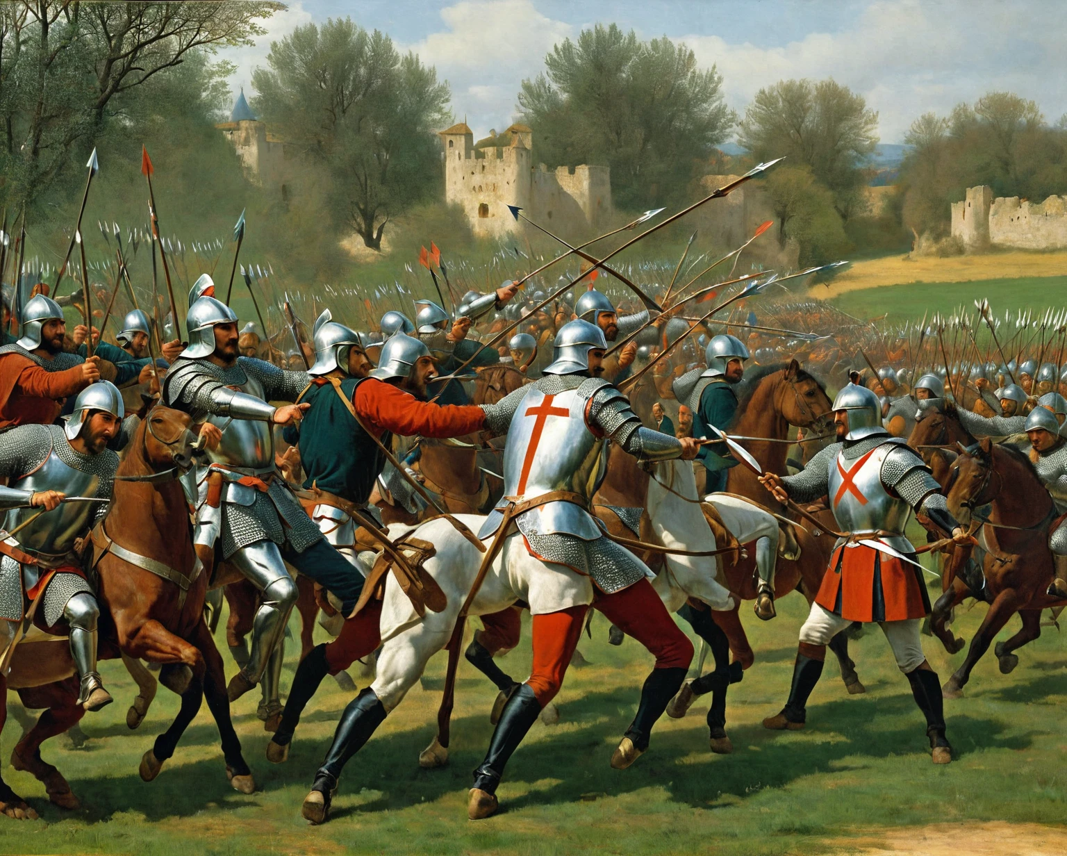 a painting of a group of men in armor with arrows, archers, battle of 1453, very detailed medieval, 1 5 th century spanish soldier, by Emiliano Di Cavalcanti, longbow, medieval period, early middle ages, medieval battle, knights in battle, historical artistic depiction, by Bernard Fleetwood-Walker, early medieval, by Thomas Tudor