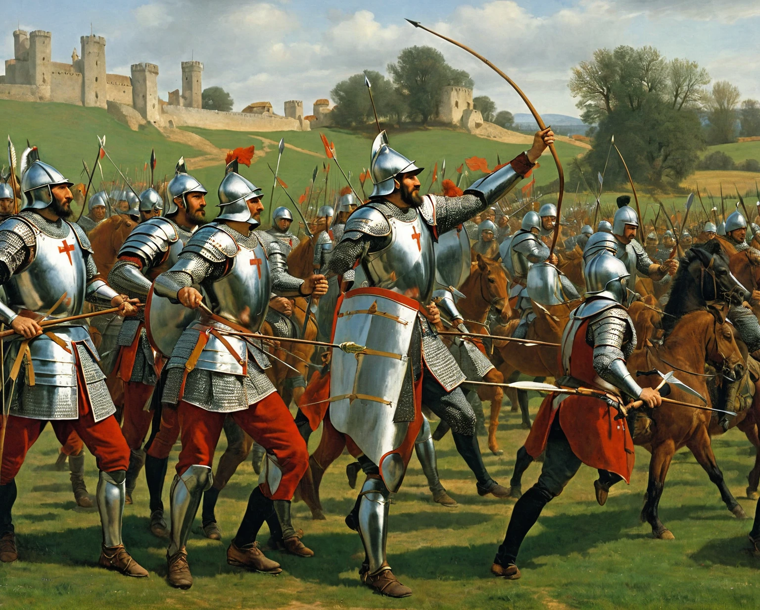 a painting of a group of men in armor with arrows, archers, battle of 1453, very detailed medieval, 1 5 th century spanish soldier, by Emiliano Di Cavalcanti, longbow, medieval period, early middle ages, medieval battle, knights in battle, historical artistic depiction, by Bernard Fleetwood-Walker, early medieval, by Thomas Tudor