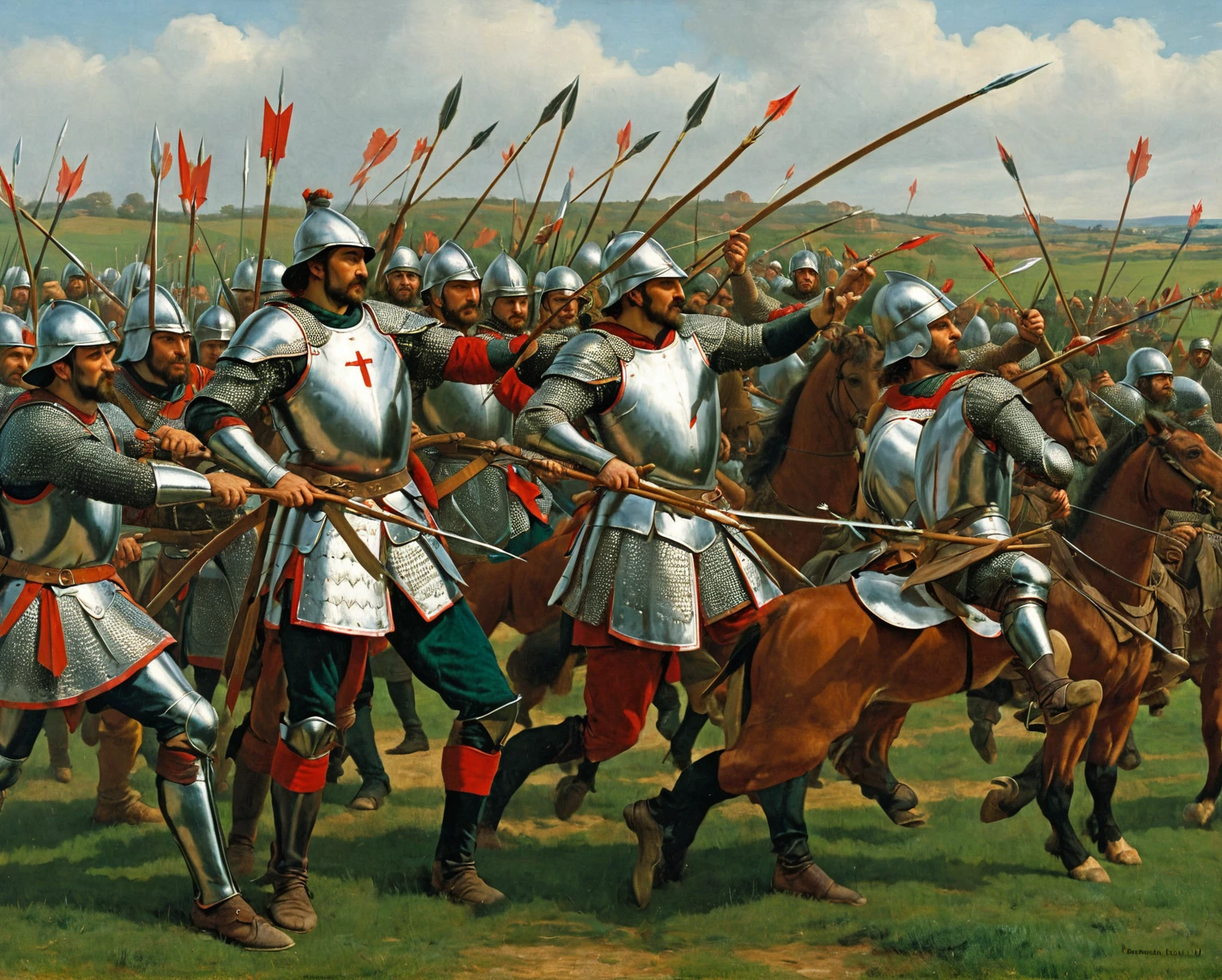 a painting of a group of men in armor with arrows, archers, battle of 1453, very detailed medieval, 1 5 th century spanish soldier, by Emiliano Di Cavalcanti, longbow, medieval period, early middle ages, medieval battle, knights in battle, historical artistic depiction, by Bernard Fleetwood-Walker, early medieval, by Thomas Tudor