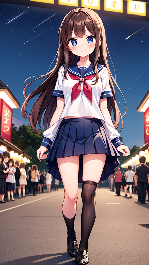 {Highest quality], [Super beautiful], [Ultra fine], [Best illustration], NSFW,Brown Hair, Hime cut, Long Hair, With bangs, girl,high school student,uniform,knit,skirt,smile, blush, Slender women, Adult women,Standing posture,(Public),Night Park,Summer festival,diagonal, Navy blue knee socks,Black Loafers、Stripes々
Panties、Skirt fully visible