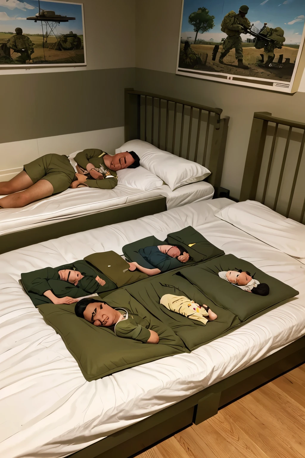 cartoon of a group of soldiers sleeping in a bed with a baby, soldiers, by Hugh Hughes, by Steve Dillon, by Robert Ballagh, military art, several soldiers, by Edward Okuń, full color illustration, ( art fitzpatrick ), colored illustration, by John Keane, by Stan Stokes, by David G. Sorensen, by Jerry Wilkerson