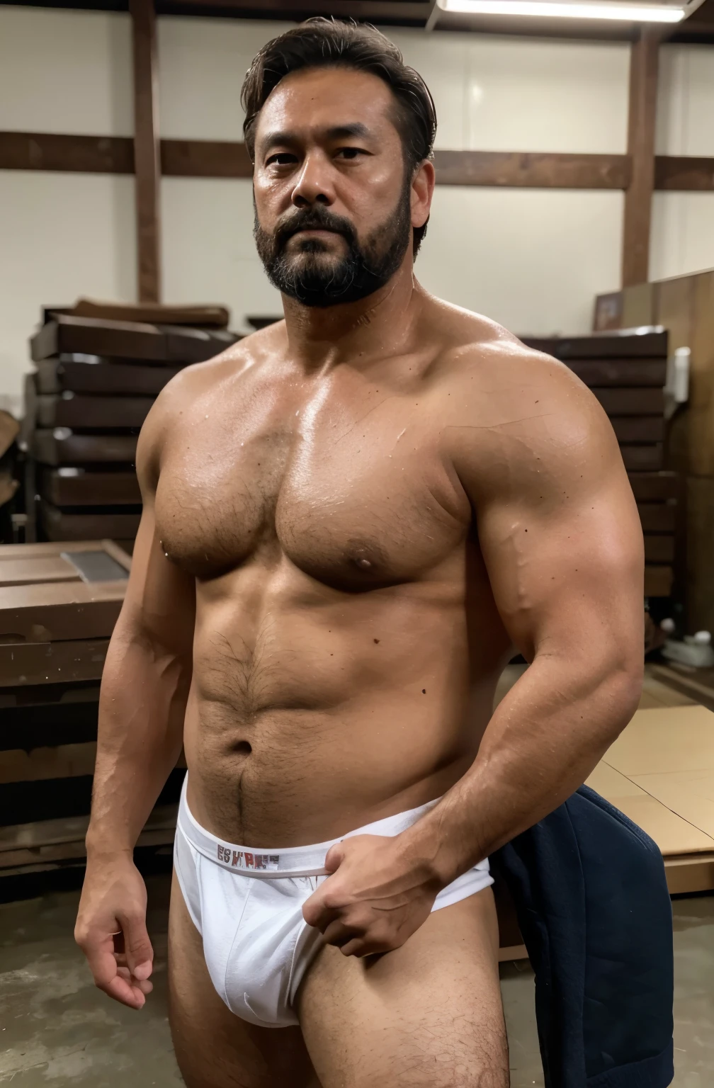 A wild plump east japanese uncle man, (55 years old daddy:1.1), 1boy, Solo, handsome, nerdy, stubbles, Short beard, small eyes, detailed eyes:1.1, big round face shape, (Detailed face:1.3), short hair, (Best quality, A high resolution, Photorealistic), Masterpiece, in the factory, RAW photo, Intricate details, hdr, depth of field, full body shot, macho, hunk, sweat buckets, manliness,short white trunk, muscular