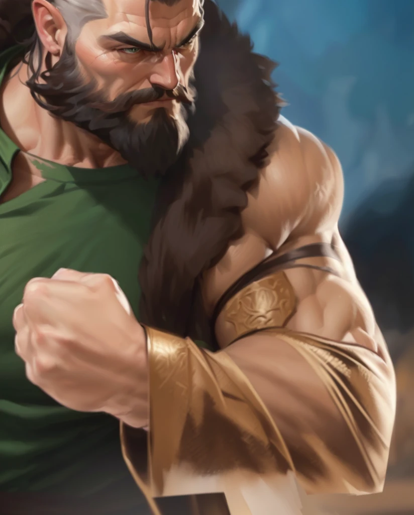 a close up of a man with a beard and a green shirt, heavy gesture style closeup, heroic masculine pose, high detail iconic character, dynamic closeup, character art closeup, photorealistic artstyle, painted portrait of rugged zeus, realistic artstyle, portrait of rugged zeus, muscular character, strong brushwork, ultra detail. digital painting, muscular male hero, hyper - realistic