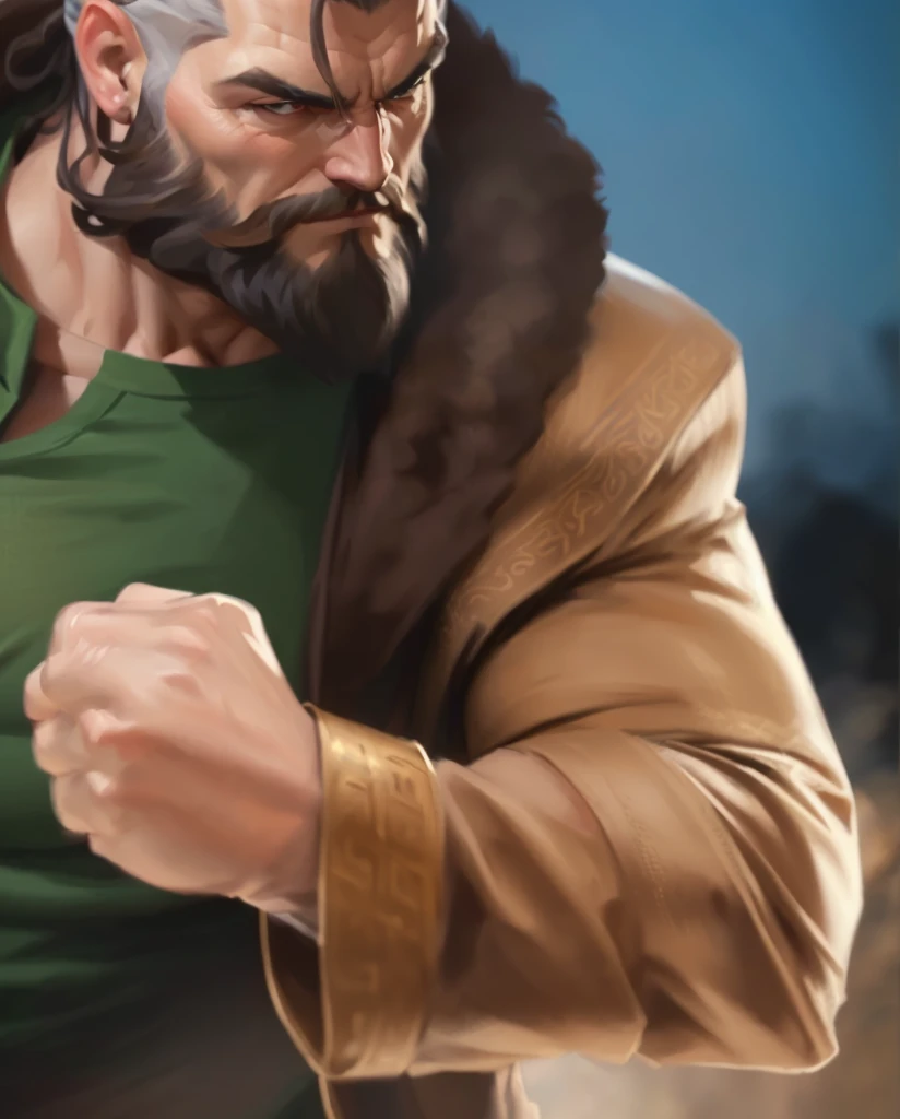 a close up of a man with a beard and a green shirt, heavy gesture style closeup, heroic masculine pose, high detail iconic character, dynamic closeup, character art closeup, photorealistic artstyle, painted portrait of rugged zeus, realistic artstyle, portrait of rugged zeus, muscular character, strong brushwork, ultra detail. digital painting, muscular male hero, hyper - realistic