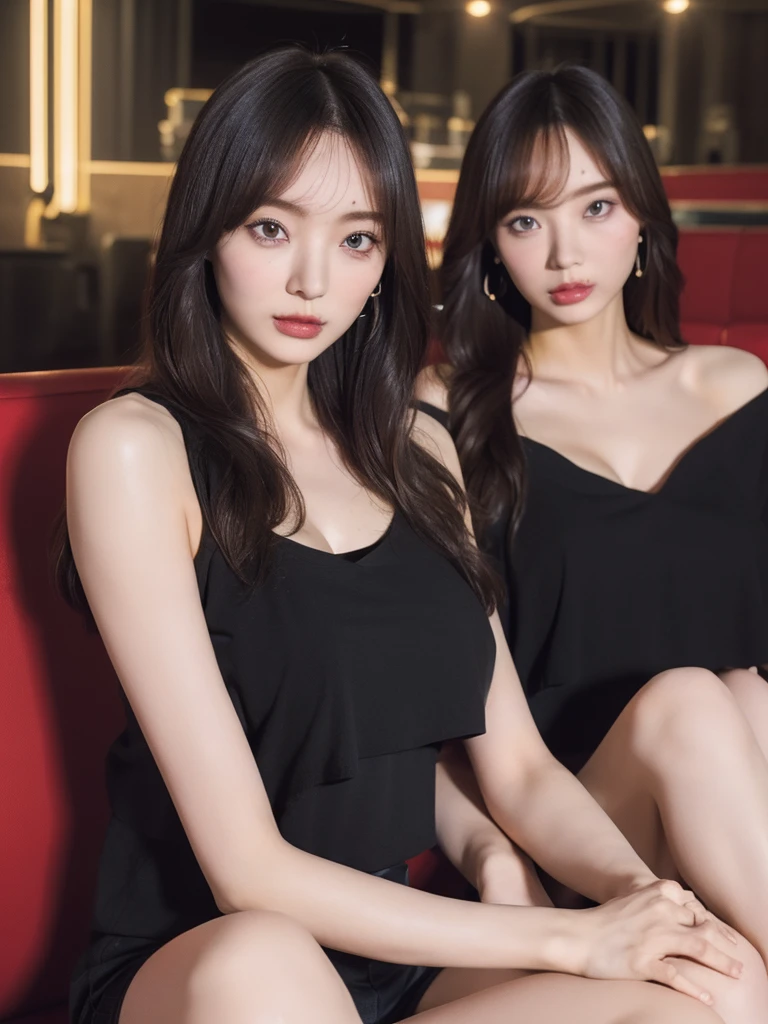 ((Best Quality, 8K, Masterpiece: 1.3)), Focus: 1.2, (Cinema Filter: 1.3) Perfect Body Beauty: 1.4, Buttocks: 1.2, (Layered Haircut: 1.2)), , (Sitting on the Sofa: 1.3), Realistic Face and Skin Texture, Full Body, Fine Eyes, Double Eyelids, Long Hair, (Round Face: 1.5), (Black Top: 1.6), Cleavage, Medium Chest, 1girl