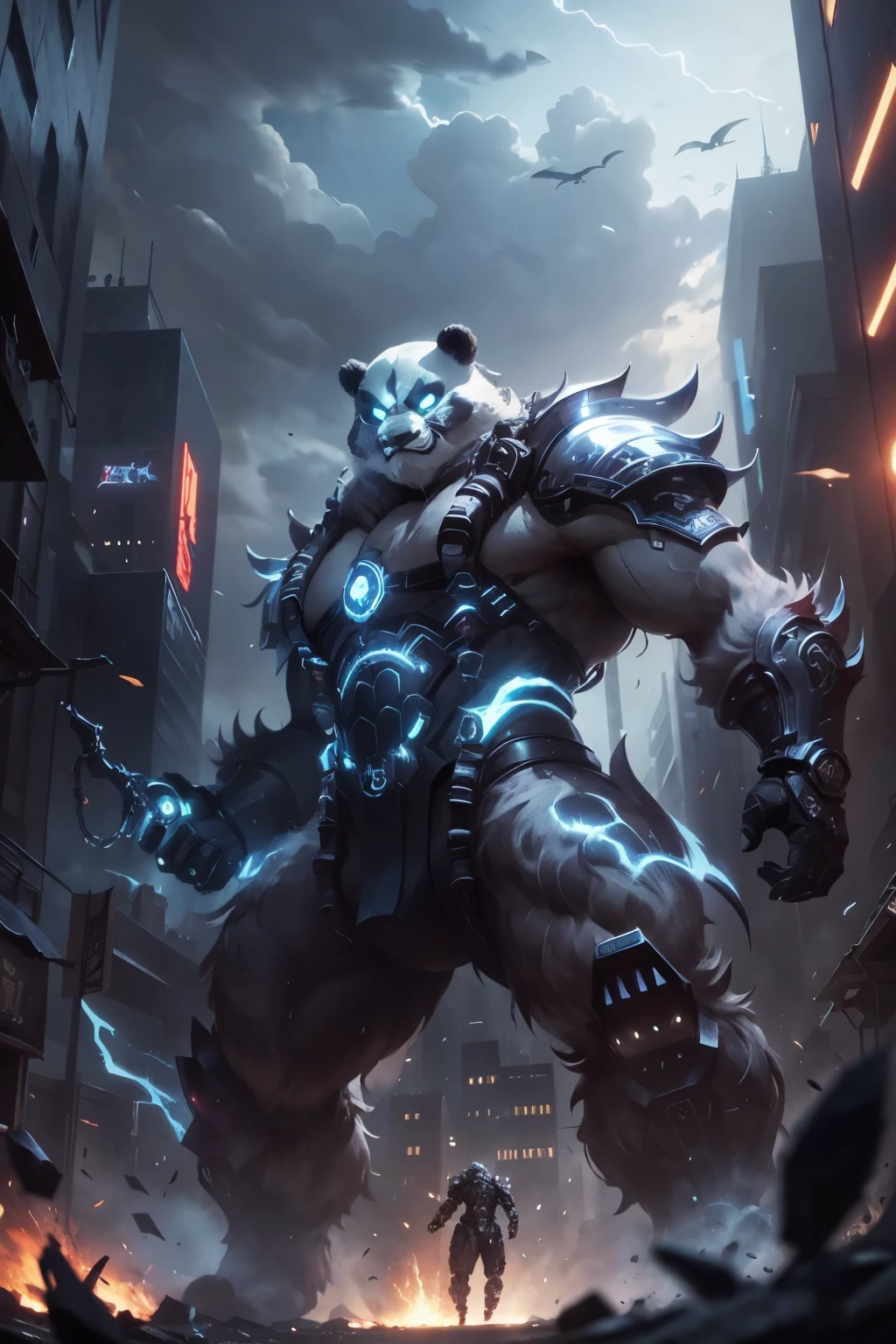 (full body), Close-up of the head, Sci-fi mechanical monsters, belve, Mechanical modification, Mutant panda, There is a mechanical mask on the left side of the face, There are huge barbs on the hands, bellow, Full body mechanical armor, Facing the lens, The expression is fierce, Flame scene, gigantic in city, causing destruction, low angle