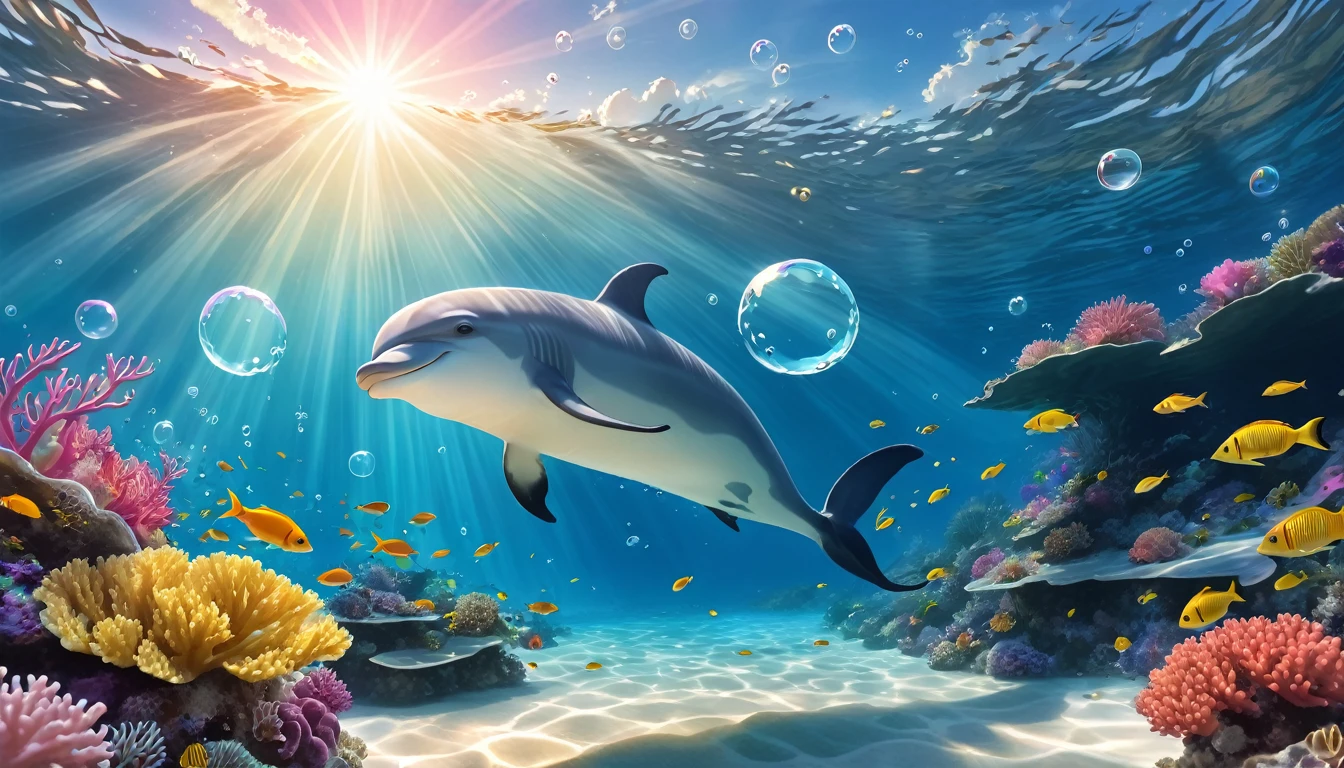 (Underwater:1.2), ocean, fast water flow, transparent, colorful coral reef, school of tropical fish, light, bubble, jumping pink dolphin, seaweed, (shallow sea:1.2), sunlight, fantasy, ocean floor, floating, best quality, masterpiece, clouds, colorful, blue sky,
Create a digital illustration of landscape, scenery, underwater, with clear and delicate lines. Low-fi, the morning sun's light reaching into the water, the scene is cozy and warm with beautiful light. The lighting should be soft and golden like colorful flowers, and the art style should be detailed like fantasy art with accurate depiction of delicate and fine lines. The overall look should be clear and dreamy atmosphere. Focus on a magical and enchanting environment. No land part is required, only underwater. People are not allowed, no people in the photo.