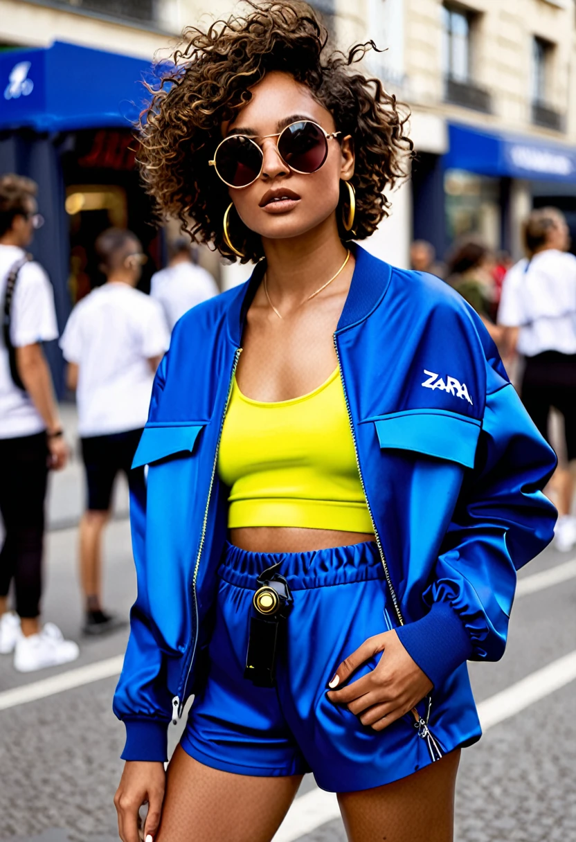 Nom : Zara

Description physique :
Zara is a gorgeous mixed race woman with golden skin and short curly hair, dyed electric blue. Elle a des yeux noisette et une silhouette sportive et tonique.

Style vestimentaire :
Zara est audacieuse et avant-gardiste dans son style. Elle porte des vêtements streetwear modernes, des sneakers tendance, and futuristic accessories like trendy sunglasses.

Attitude :
Zara est dynamique et aventureuse. Elle inspire ses followers par son audace et son énergie débordante, toujours à la recherche de nouvelles tendances.

Hobbies :

Mode streetwear et futuriste
Sports extrêmes et fitness
Musique électronique et festivals
Technologie et gadgets innovants
Arts visuels et graffiti
Activités sur les réseaux sociaux :
Zara partage des photos de ses looks audacieux, des vidéos de ses exploits sportifs, et des moments lors de festivals de musique. Elle collabore avec des marques de sport et de technologie pour offrir des contenus innovants.