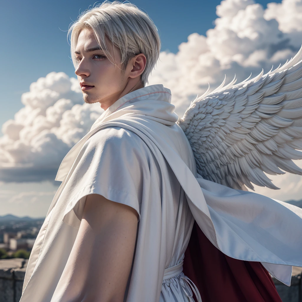 Photo of a man wearing cupid costume, (white hair), wings, flying, halo, (white toga robe), red scarf, armor, (surrounded by clouds), ethereal, (seductive smile:0.6), from side, realistic, masterpiece, intricate details, detailed background, depth of field