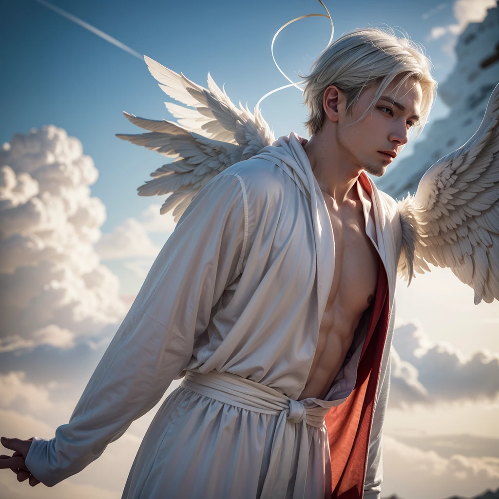 Photo of a man wearing cupid costume, (white hair), wings, flying, halo, (white toga robe), red scarf, armor, (surrounded by clouds), ethereal, (seductive smile:0.6), from side, realistic, masterpiece, intricate details, detailed background, depth of field