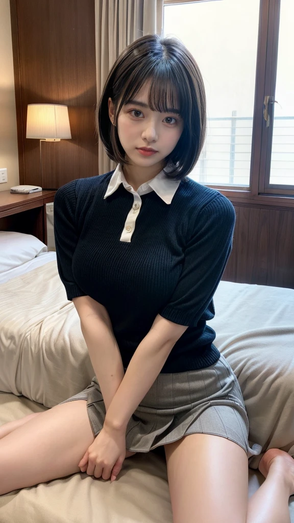Masterpiece, highest quality, figure, Very detailed, Fine details, High resolution, 8k,wallpaper, Perfect dynamic composition,(Detailed high quality, Realistic depiction of eyes:1.3), (Collared knit shirt:1.1), Pleated skirt, Short Bob Hair、Black hair color, Big Natural Color Lip, Bold sexy pose, Crying a little、Cold Stare, Harajuku Style、Acrobatic pose, 20-year-old girl、Cute type、Lolita、Beautiful feet, Hotel Rooms, Idol Sculpture, Voluptuous thighs, Huge breasts