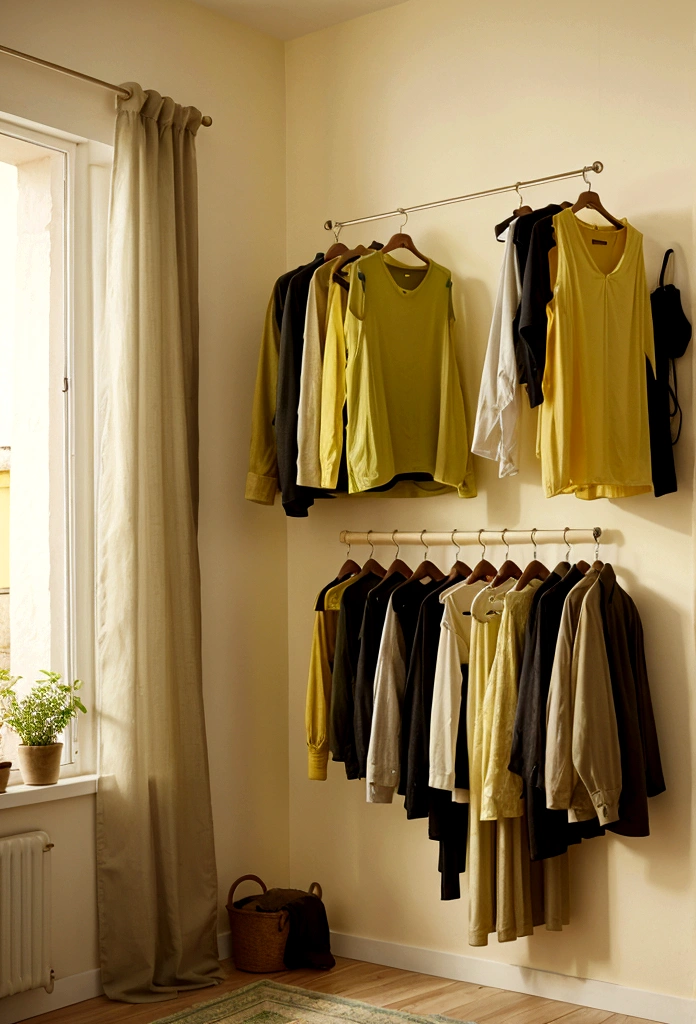 a yellow wall with a green window and a clothesline with clothes presta pantyhose shirt