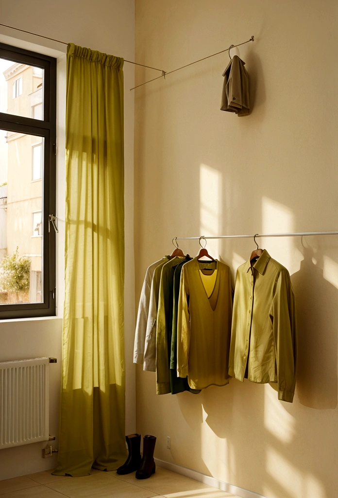 a yellow wall with a green window and a clothesline with clothes presta pantyhose shirt