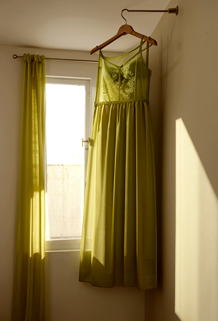 a yellow wall with a green window and a clothesline with clothes presta pantyhose shirt