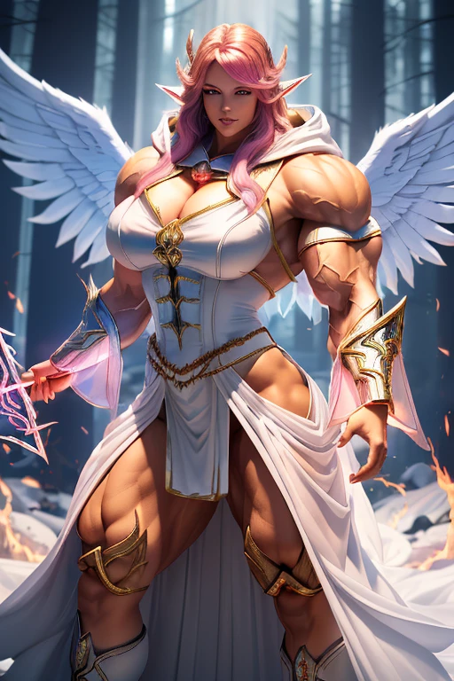((((Massive, tall, beautiful, buff, muscular brown skinned woman mage with shocking pink hair, giant angel wings, ginormous bulky muscles, holding a fire mage staff and wearing a beautiful hooded white enchanted robe with long long skirt)))), (close-up view), vascular, massive muscle, massive biceps, hyper muscle shoulders, hyper muscle triceps, (angled bob cut), red eyes, (wearing a long extremely intricate robes, long magical robes), (white mage boots), smirk, white gauntlets, (in a dark Mystical forest), evening, Vascular arms, hyper vascular arm, hyper muscles arms, hyper muscle legs, massive arms.