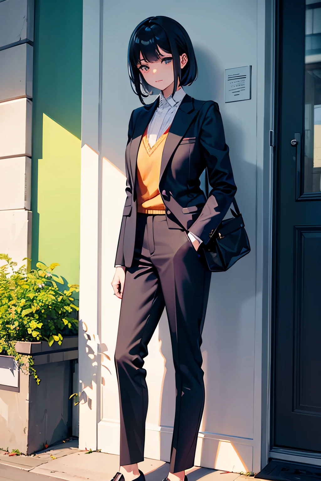 A woman in a suit is standing next to a lemon plant, cute:2, casual clothing style, mood, modern casual clothing, goose, h 7 0 4, casual modern clothing, pastel', 🐿🍸🍋, light, whole body, H576, trendy clothes, pastel 의류, When I look at the book, Wearing a fashion suit, block