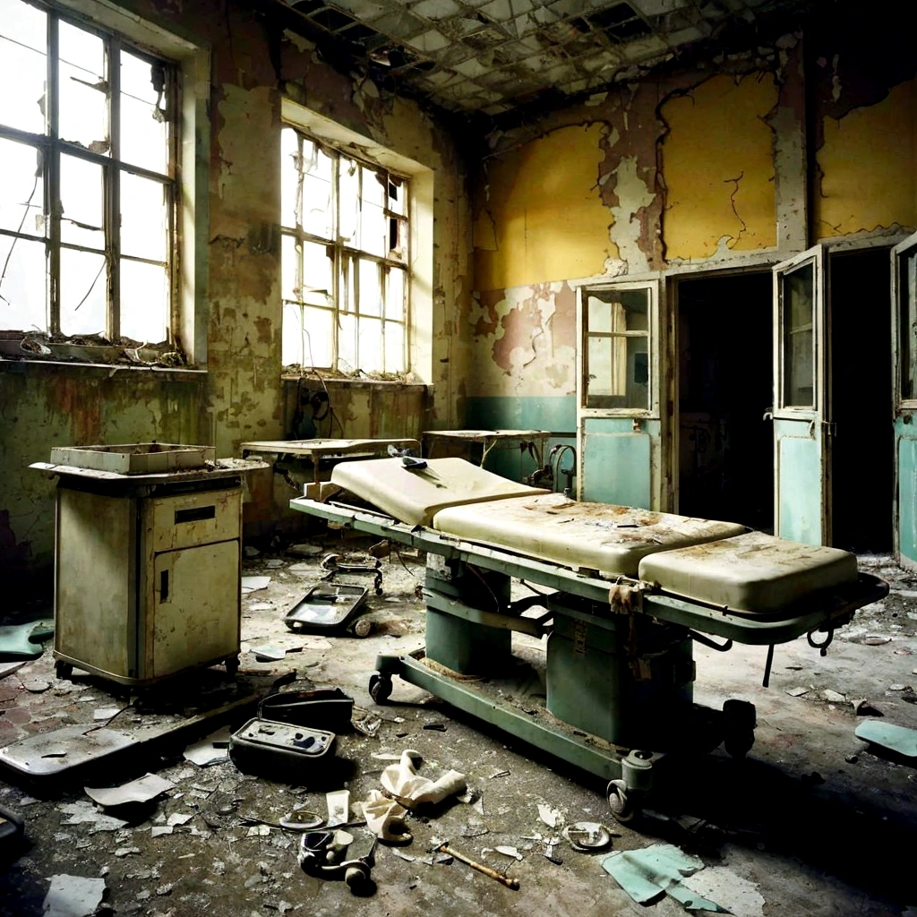 there is a hospital bed in a room with broken windows, inside a decayed surgical room, abandoned hospital room, in a decayed hospital room, inside a decayed hospital room, abandoned hospital, inside a decaying hospital room, inside a decayed operating room, interior abandoned hospital, abandoned asylum, hospital ward, an abandoned, hospital room