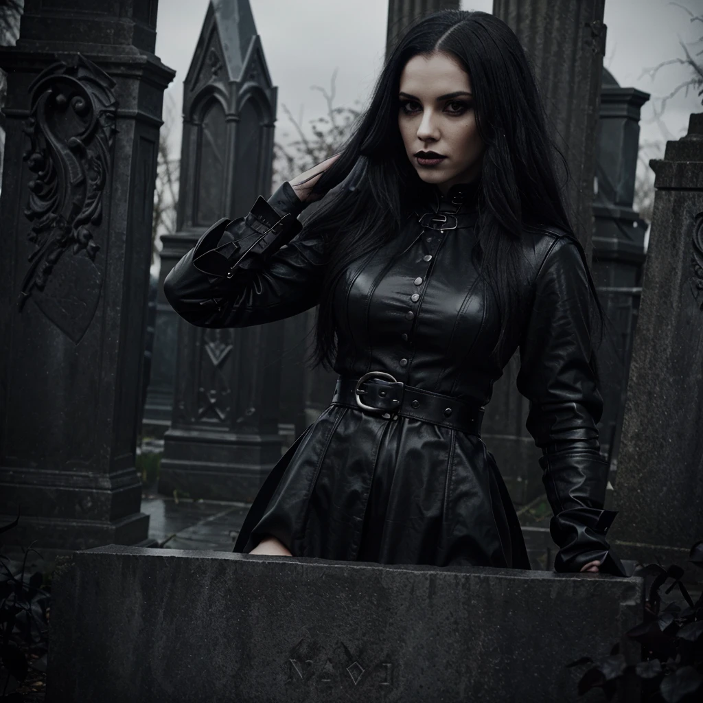 gothic woman in black leather outfit standing in front of a cemetery, vampire queen, female vampire, beautiful vampire queen, beautiful vampire female queen, vampire of clan lasombra, woman vampire, vampire fashion, vampires fantasy, victorian vampire, gothic horror vibes, goth woman, female vampire warrior, dark goth queen, gothic fantasy art, dark vampire, scary queen of death