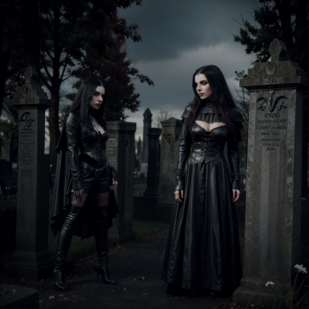 gothic woman in black leather outfit standing in front of a cemetery, vampire queen, female vampire, beautiful vampire queen, beautiful vampire female queen, vampire of clan lasombra, woman vampire, vampire fashion, vampires fantasy, victorian vampire, gothic horror vibes, goth woman, female vampire warrior, dark goth queen, gothic fantasy art, dark vampire, scary queen of death
