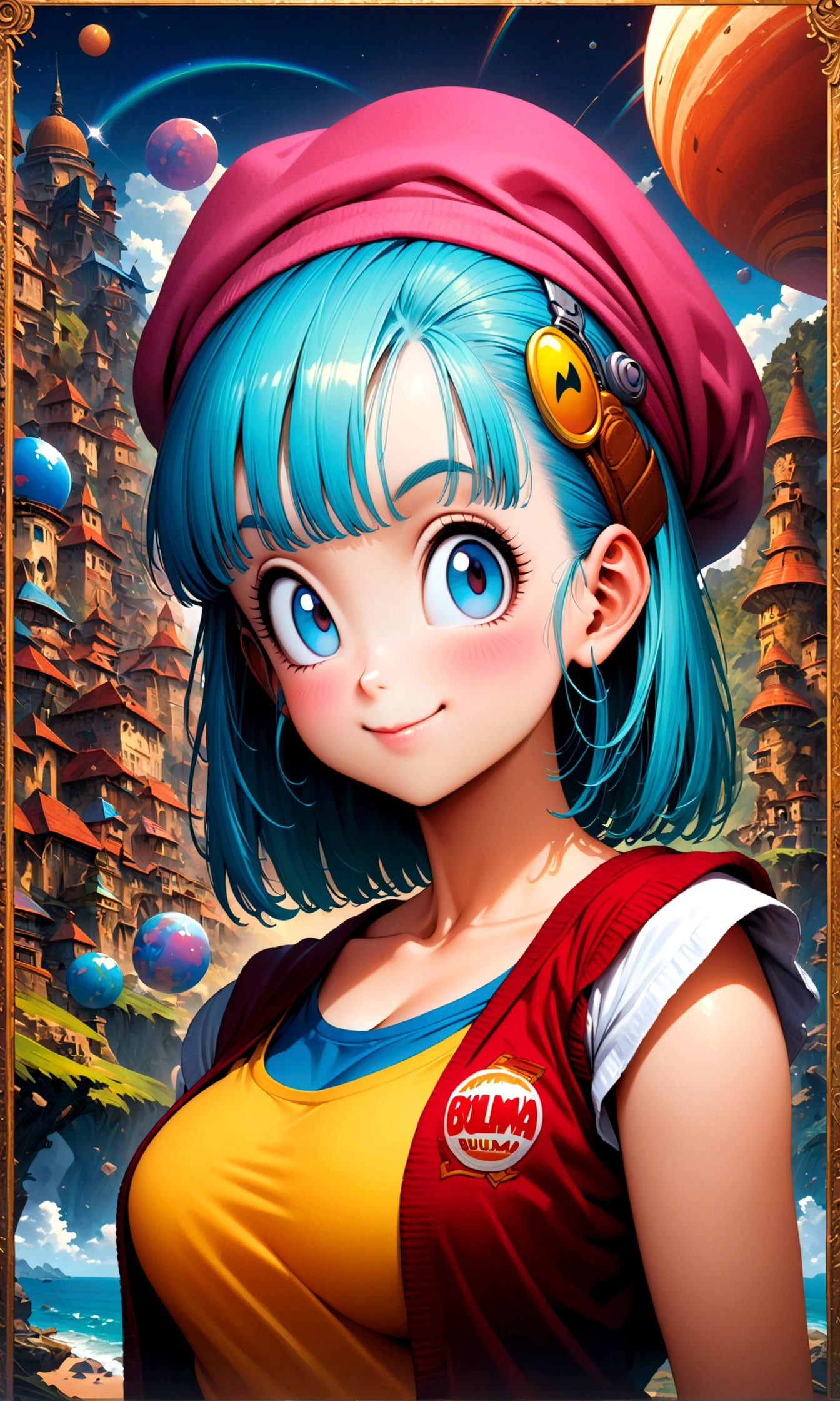 (1girl,bulma,dragon ball),akira toriyama style,,cute,,Intricate details,POP Illustration,Wide range of colors,artwork,rendering,Smiling in a relaxed pose,(masterpiece:1.3),(highest quality:1.4),(ultra detailed:1.5),High resolution,extremely detailed,unity 8k wallpaper,